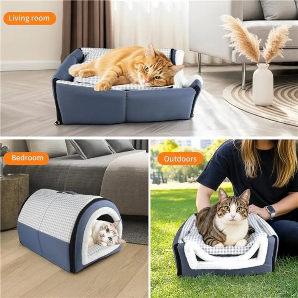 2-in-1 Dog & Cat Bed with Reversible Pillow Soft Warm Cozy Pet House 13.7inch